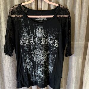 Maurices Black Glam Rock Lace Sleeve Tee